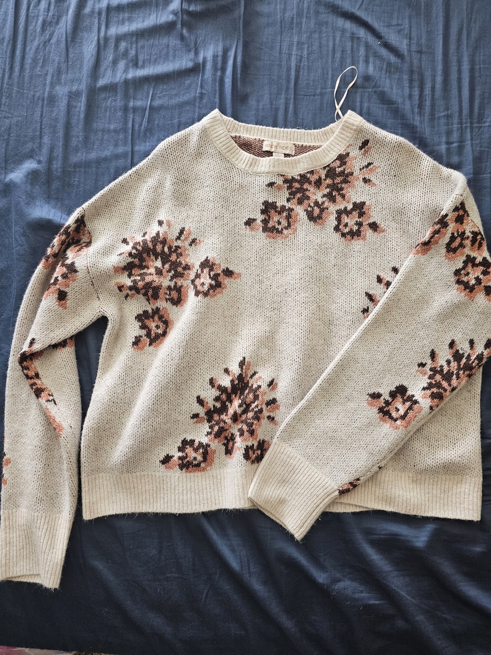 Knox Rose Floral Knit Crewneck Sweater - Cream with Pink Floral Accents